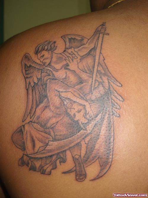 Angel Vs Devil Tattoo On Back Shoulder