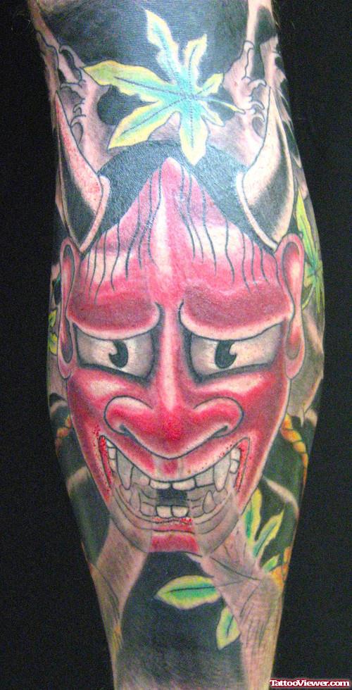 Colored Hanya Devil Tattoo On Sleeve