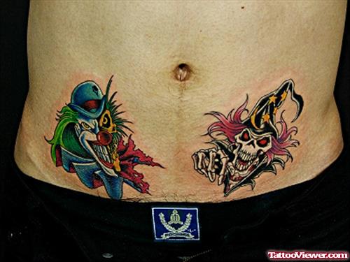 Colored Clown And Devil Tattoos On Hip