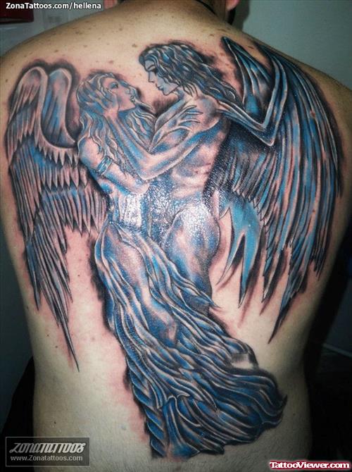 Blue Ink Angel And Devil Girls Tattoos On Back