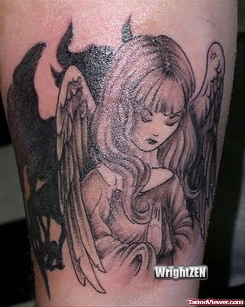 Awesome Grey Ink Angel And Devil Tattoo