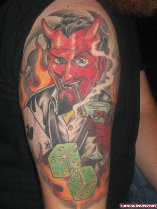 Awesome Colored Smoking Devil Tattoo On Sleeve