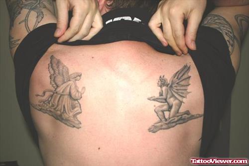Angel n Devil Tattoo On Upper Back