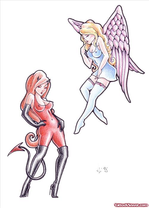 Angel Girl And Devil Girl Tattoos Design