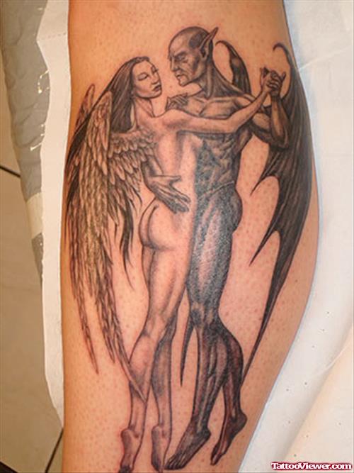 Angel And Devil Love Tattoo On Sleeve