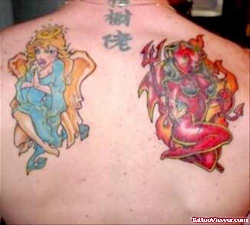 Angel And Devil Sitting tattoo on Back
