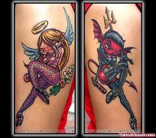 Angel And Devil Tattoo On Shoulder