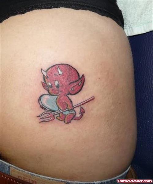 Carttoon Devil Tattoo On Back Leg
