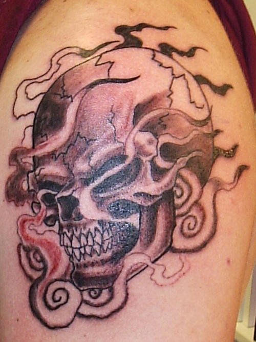 Flaming Devil Skull Tattoo On Shoulder