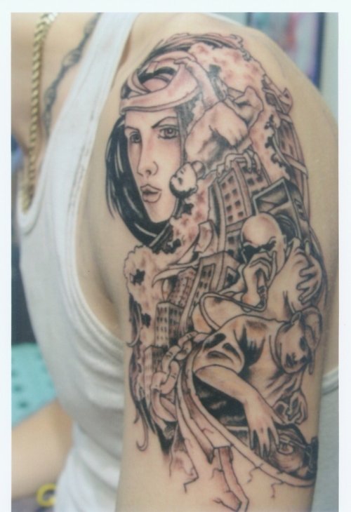 Grey Ink Devil Tattoo On Man Left Sleeve