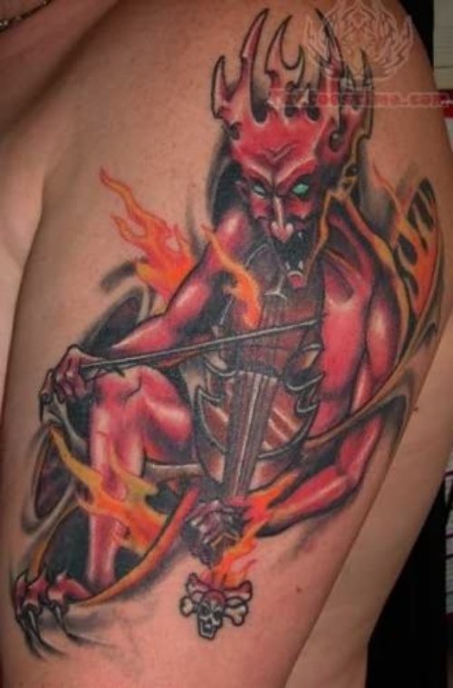 Colored Devil Tattoo On Man Left Half Sleeve