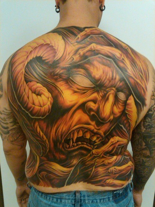 Dark Ink Devil Tattoo On Back Body