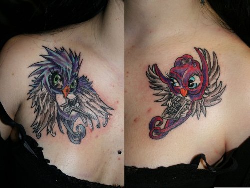 Angel And Devil Swallow Devil Tattoos On Collarbone