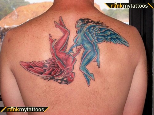 Blue Ink Angel And Red Ink Devil Tattoo On Back
