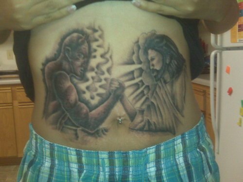 Devil Vs Jesus Tattoo On Belly