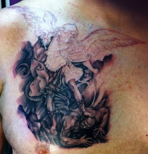 Archangel And Devil Tattoo On Man Chest