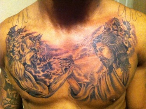 Devil Vs Jesus Tattoo On Chest