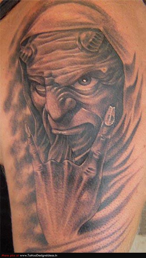 Grey Ink Devil Tattoo Design On Left Half Sleeve