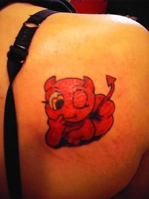 Naughty Devil Tattoo On Back Shoulder