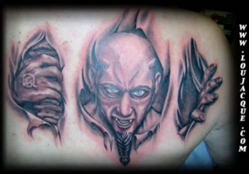 Ripped Skin Demon Tattoo On Back Body