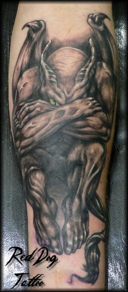 Grey Ink Gargoyle and Devil Tattoo
