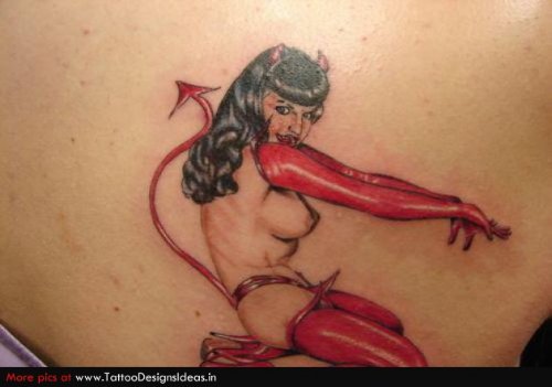 Colored Devil Girl Tattoo On Back