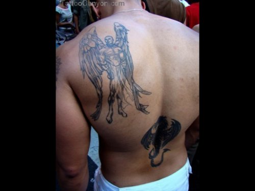 Grey Ink Angel And Black Devil Tattoo On Back Body