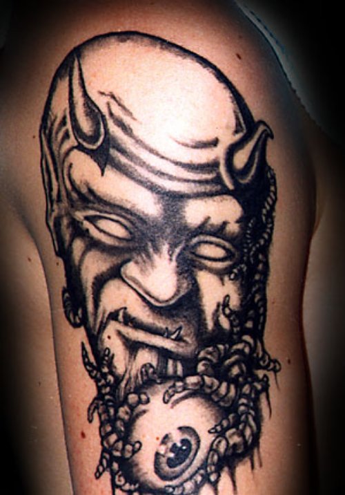 Grey Ink Devil Tattoo On Left Half Sleeve