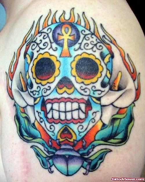 Mix Colour Skull Dia De Los Muertos Tattoo