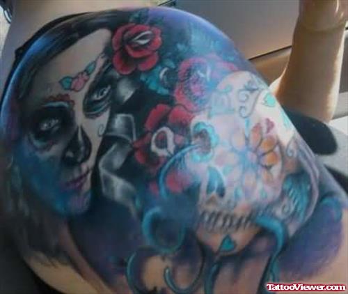 Scary Dia De Los Muertos Tattoo On Shoulder