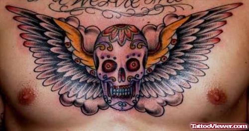 Angel Wings Skull Tattoo On Chest
