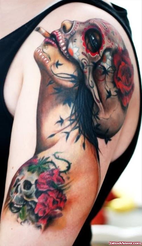 Smoking Girl Dia De Los Muertos Tattoo