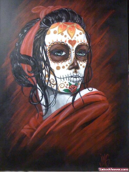 Beautiful Sugar Skull Lady Dia De Los Muertos Tattoo