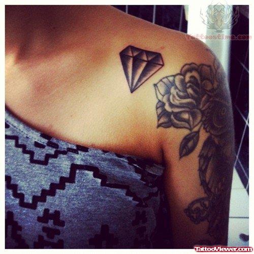 Flower And Diamond Tattoo On Shoulder