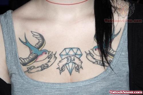 Birds And Diamond Tattoo On Chest