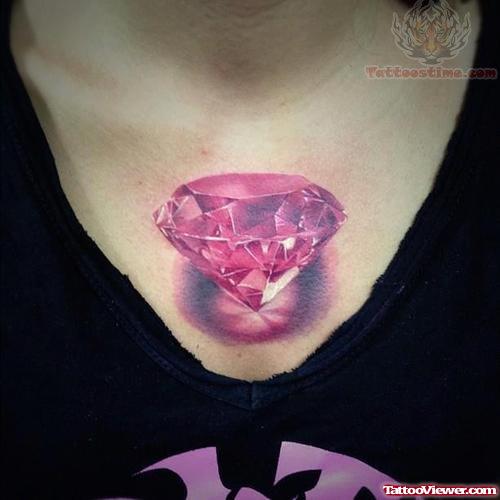 3D Pink Diamond Tattoo On Chest