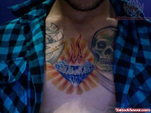 Flaming Diamond Chest Piece Tattoo