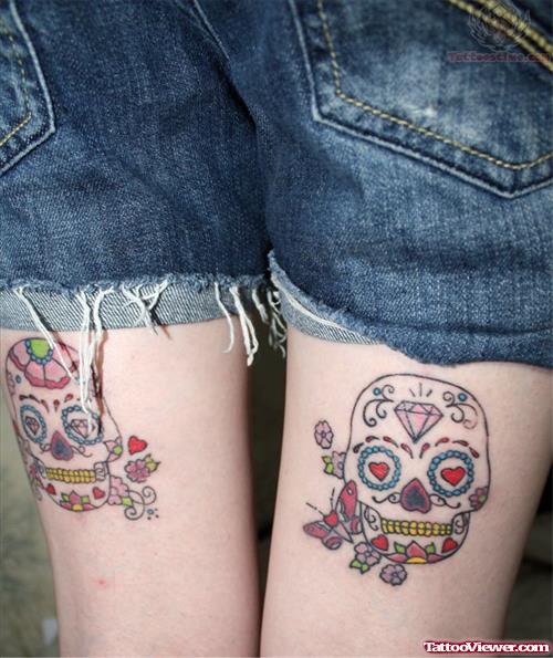 Sugar Skull Diamond Tattoo On Back Leg