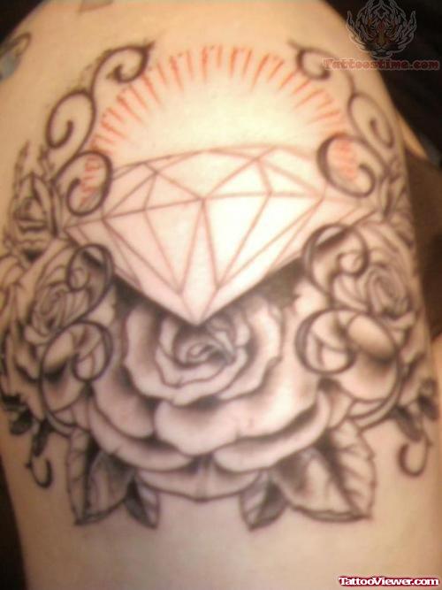 Grey Ink Diamond And Rose Tattoo