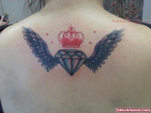 Winged Diamond with Crown Tattoo On Back