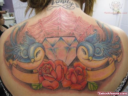Birds And Diamond Tattoo On Back