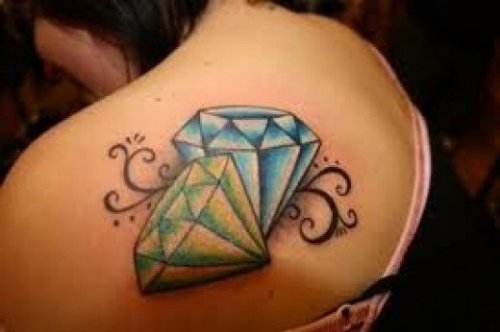 Green And Blue Diamond Tattoo On Left Back Shoulder