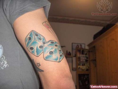 Blue Ink Dice Tattoos On Sleeve