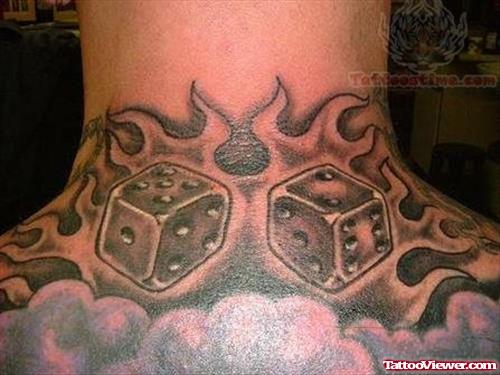 Black Ink Dice Tattoos On Back Neck