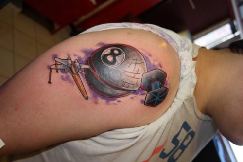 Right Shoulder Dice And Eaightball Tattoo