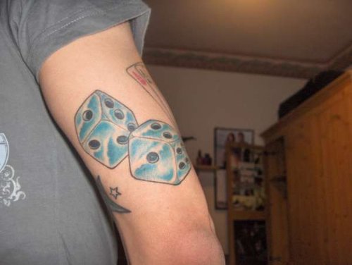 Blue Dice Tattoos On Left Sleeve