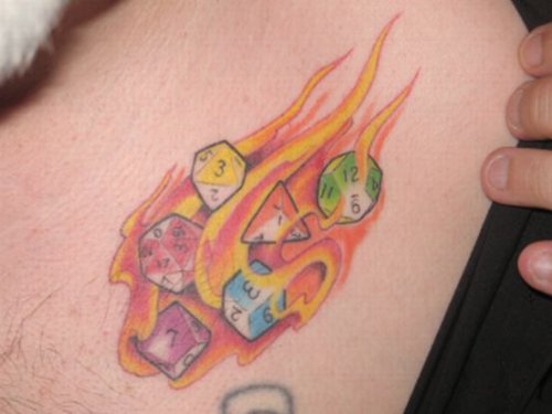 Colored Flaming Dice Tattoos