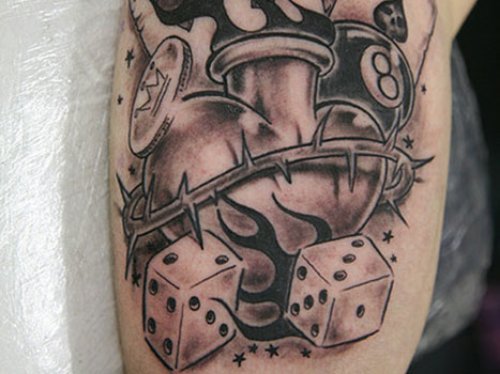 Grey Ink Sacred Heart and Dice Tattoo