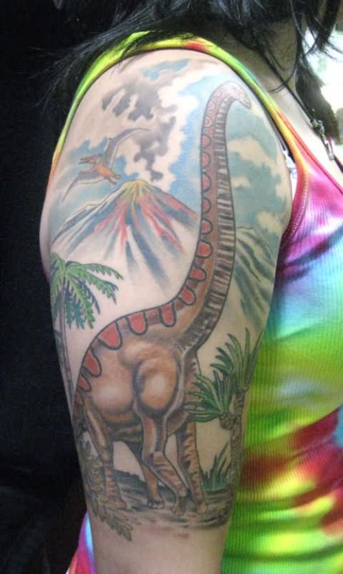 Dinosaur Tattoo On Girl Right Half Sleeve