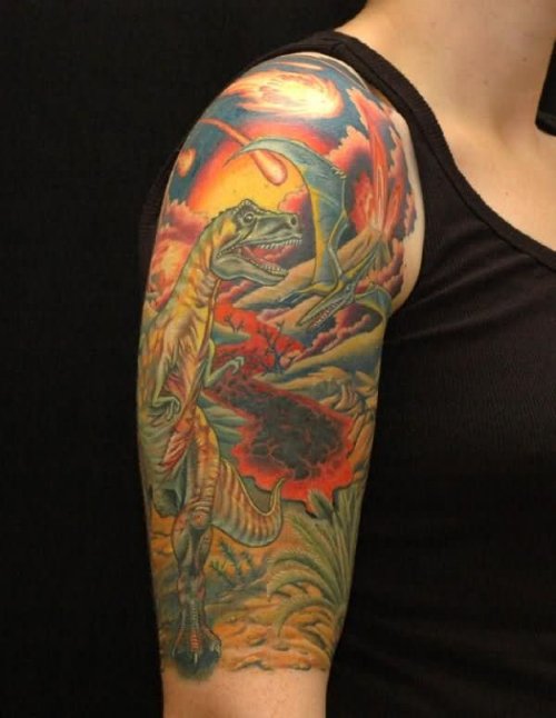 Awesome Colored Dinosaur Tattoo For Girls